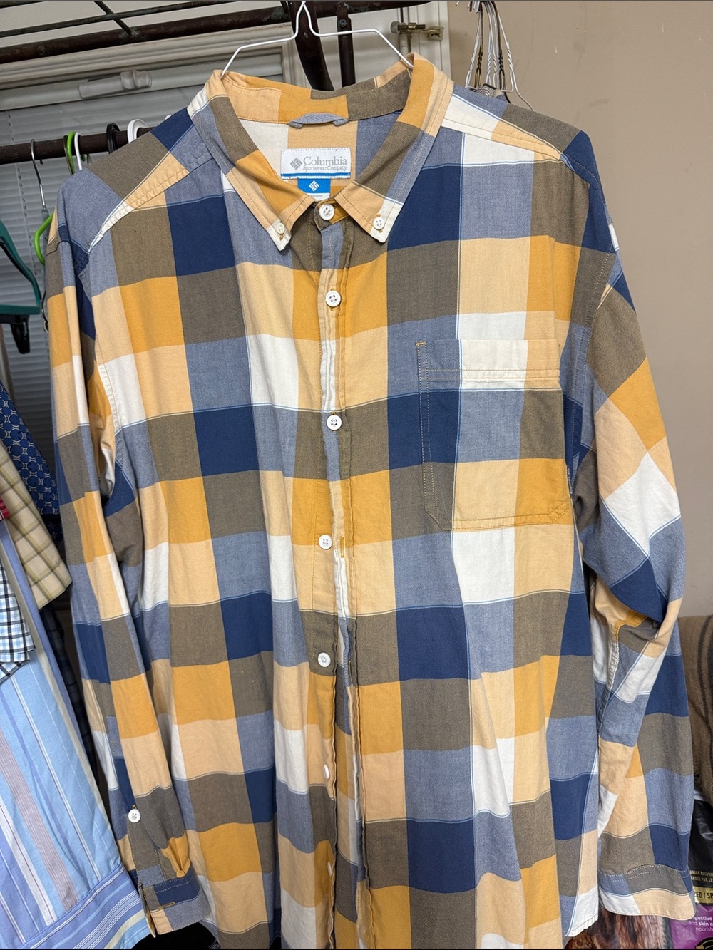 Columbia Yellow Blue Tan Plaid Button-Down Shirt
